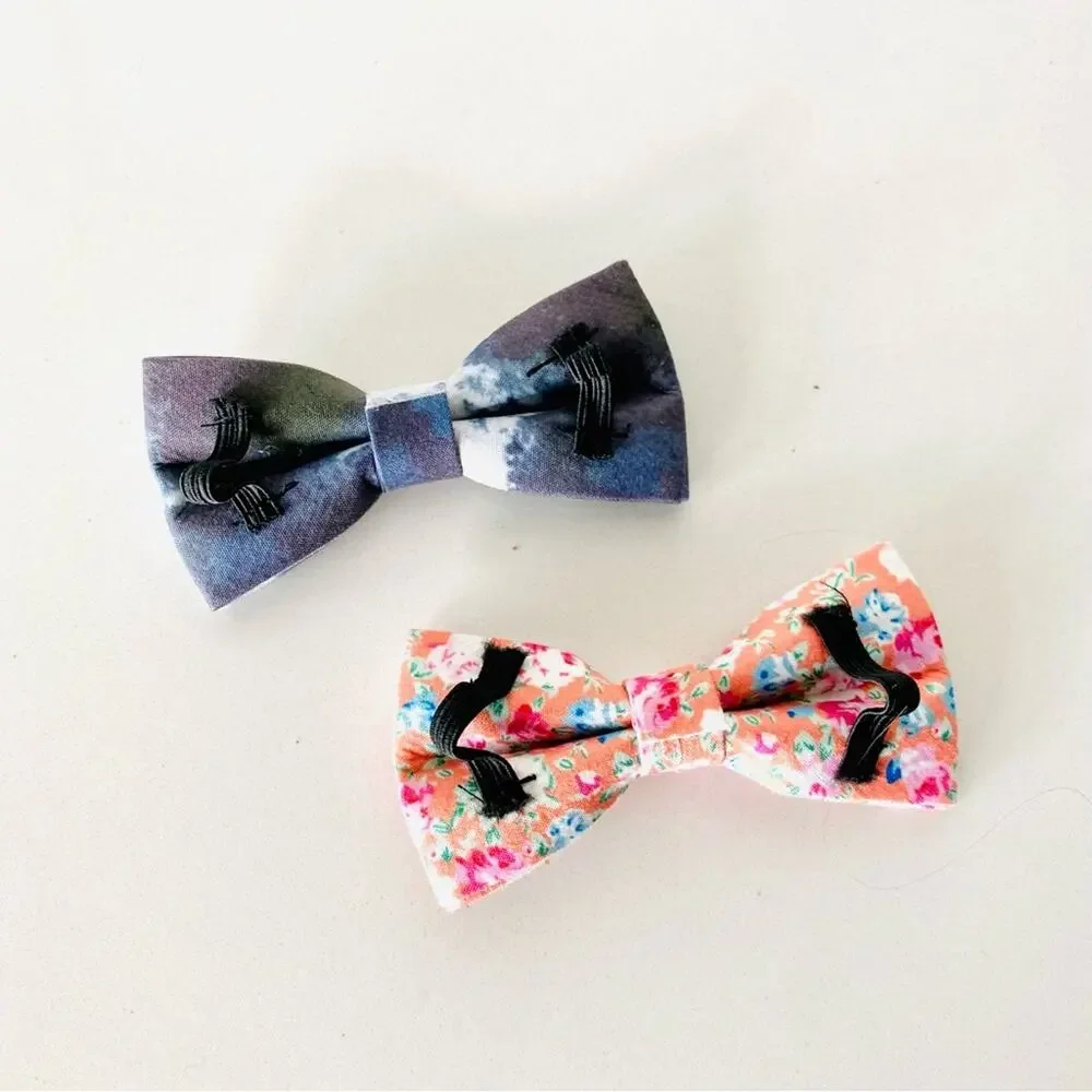 2 NEW HANDMADE Navy Blue Dye Orange Floral Dog Cat Pet Collar Elastic Bow Tie